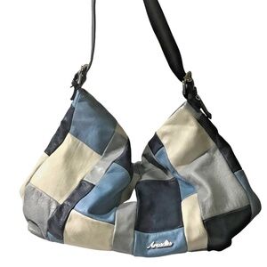 Arcadia Patchwork Leather Shoulder Bag Blue Cream Gray Boho Y2K